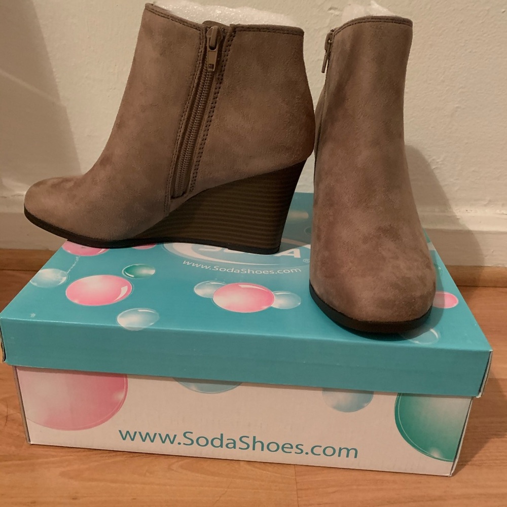 Taupe suede wedge booties